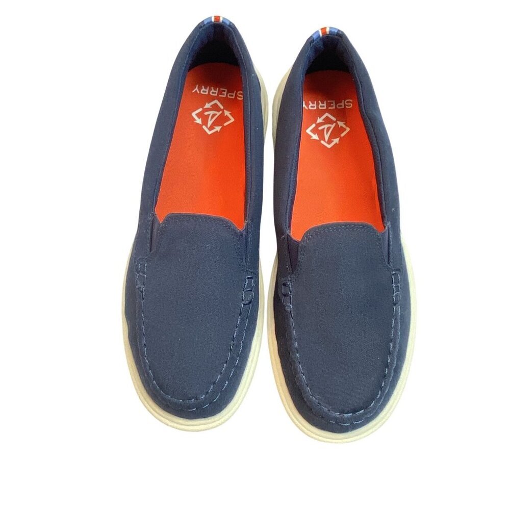 Sperry Blue Canvas Slip-On Loafers Size 8M With Striped Heel Boat Shoes